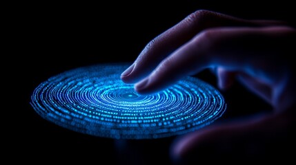 A finger touching a digital interface, creating ripples of data. Represents interaction with technology and digital transformation.