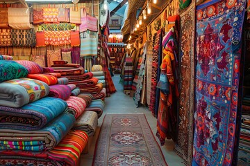 A bustling marketplace showcases stacks of colorful rugs, blankets, and textiles. Rich patterns and textures fill the narrow aisle, creating a vibrant and visually stunning scene.