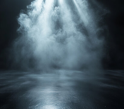 A dark background sets the stage for an atmospheric stock photo, featuring an empty floor surrounded by shimmering platinum and icy silver fog, creating a sophisticated, cool aesthetic