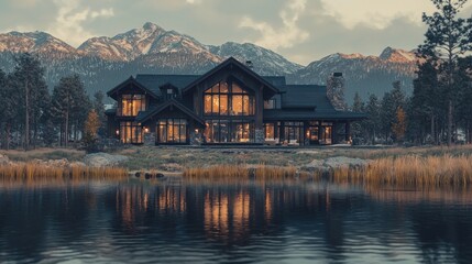 Fototapeta premium Luxury Mountain Lake House at Dusk