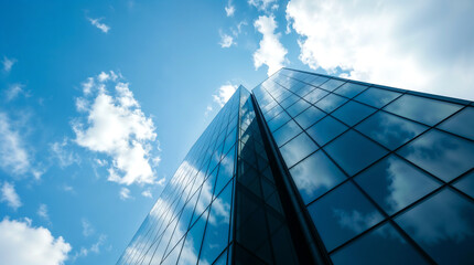 Skyscraper with glass facade reflecting a blue sky and white clouds. Minimalist architecture, sharp lines, clean composition