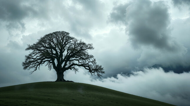 Solitary ancient oak tree on a rolling green hill, dramatic clouds, and intense stormy skies