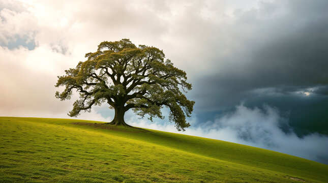 Solitary ancient oak tree on a rolling green hill, dramatic skies