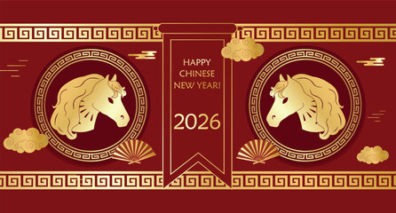 Chinese traditional pattern with horse head, golden frame, Chinese gold fan, clouds, asian ornaments red background. Horizontal greeting vector card template. Lunar New Year 2026