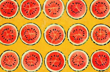 Brightly colored slices of watermelon are arranged in a repeating pattern against a cheerful yellow backdrop, creating a fresh and summery aesthetic suitable for various creative projects