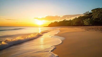 Sunset light illuminating ripples in the sand at a quiet, secluded beach.