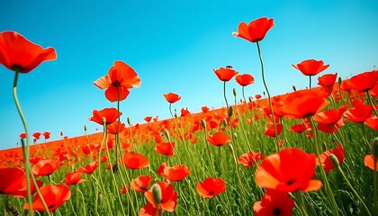 Obraz premium Vibrant Red Poppies: A Sunlit Field of Joyful Blooms