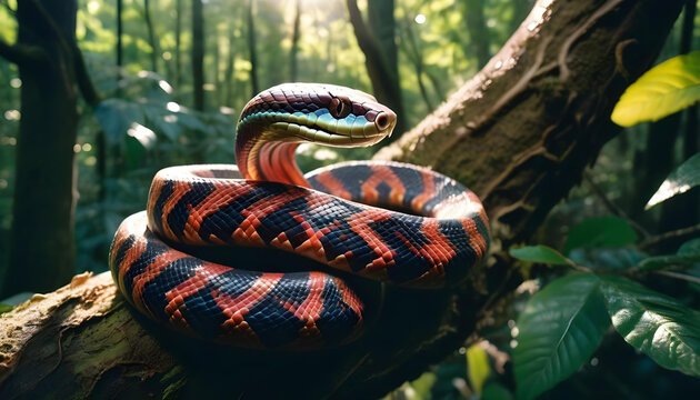 A vivid muscular snake coiled around a gnarled tree branch, its scales glistening in the sunlight, with intricate patterns and vibrant colors, set in a lush forest with soft rays of light