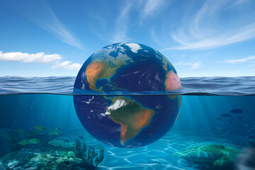 Fototapeta premium Half submerged Earth visualizes harmony between land and water