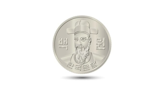 Obverse of South Korea one hundred won coin. The coin appear on the screen with a captivating style. Animated vector coin. Money animation.