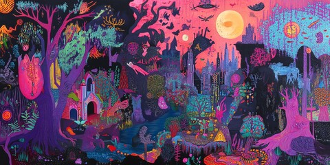Obraz premium Vibrant psychedelic landscape painting. Imaginative alien world with surreal flora, fauna, and celestial bodies. Colorful, whimsical art.