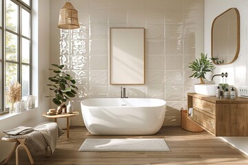 The stylish boho compostion at living room interior with design gray sofa, wooden coffee table, commode and elegant personal accessories. Light-colored pillow and plaid. Cozy apartment. Home decor