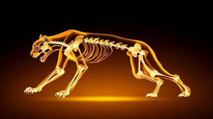 Fototapeta premium Glowing feline skeleton in dynamic pose. Intricate bone structure highlighted against a dark background.