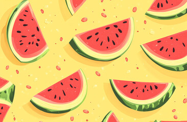 Bright red and green watermelon slices are scattered across a sunny yellow background, creating a playful and refreshing atmosphere ideal for summer celebration and fruit-themed activities
