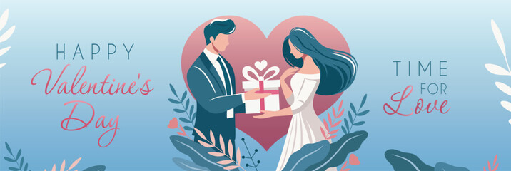 Valentine's Day. Romantic vector illustration in pastel colors. Man in suit giving a gift to woman in white dress on heart background. Horizontal template design for poster, web banner, e-card 