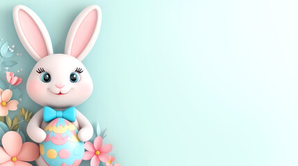 Obraz premium Cute cartoon Easter bunny holding decorated egg surrounded by spring flowers on pastel background. Banner