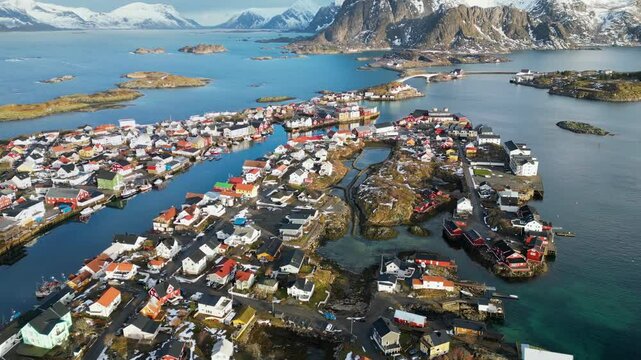 Above the Henningsv&aelig;r, fishing village in Norway, thousand islands