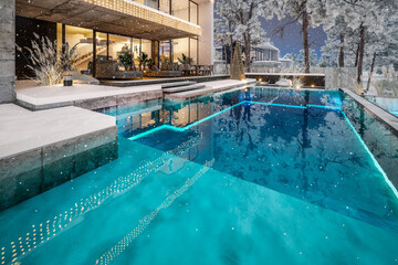 3d rendering of flat roof house with parking and pool for sale or rent with concrete facade and beautiful landscaping on background. Christmas garlands at New Year holidays