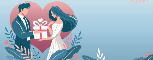 Valentine's Day. Romantic vector illustration in pastel colors. Man in suit giving a gift to woman in white dress on heart background. Ideal for wedding invitations, poster, web banner, e-card