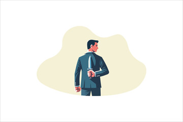 illustration of a businessman holding knife behind his back view from behind. Betrayal metaphor concept