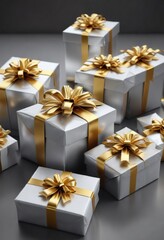 Obraz premium Elegant gifts wrapped in shimmering silver and gold , winter wonderland, festive atmosphere, luxurious