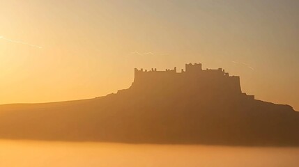 Obraz premium Sunrise silhouette of a majestic castle perched atop a hill shrouded in morning mist.