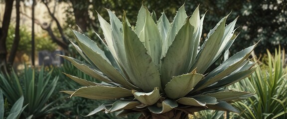 Obraz premium Full view of mature Agave Americana Variegata in a garden, indoor plants, xeriscaping, desert garden