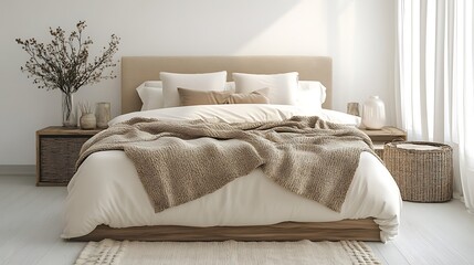 Minimalist bedroom design with natural light wooden furniture and cozy decor photos