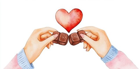 Obraz premium Valentine's Day experiences create memories. Hands holding chocolates with a heart above them.