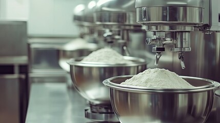 Stainless steel mixers blending raw ingredients in a clean production facility with room for text.