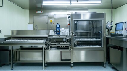 Stainless steel production equipment for tablets, with capsules in trays and ample copy space.