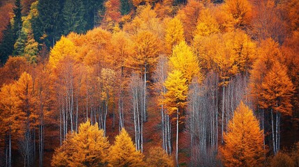 Obraz premium Autumn forest with vibrant colors, showing the transition from green to orange and yellow foliage, mixed with gray, tall trees and a mountainous landscape.