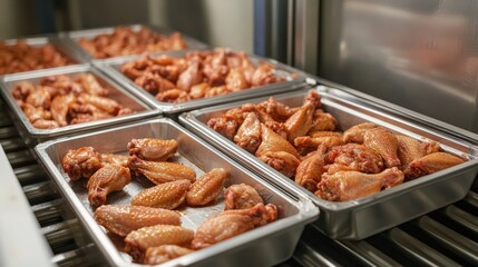 Stainless steel trays filled with neatly arranged raw chicken wings on a conveyor line in a sterile facility.