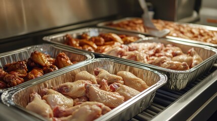 Stainless steel trays filled with neatly arranged raw chicken wings on a conveyor line in a sterile facility.