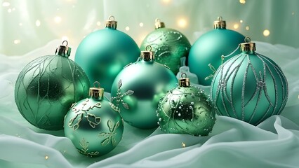 High-Contrast Emerald & Turquoise Christmas Ornaments, Intricately Designed Festive Balls on Silky Background