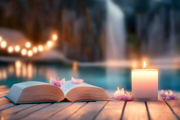 Serene evening Open book, candle, petals near tranquil pool, waterfall background; ideal for relaxation, meditation, or spa themes