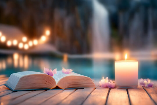 Serene evening Open book, candle, petals near tranquil pool, waterfall background; ideal for relaxation, meditation, or spa themes