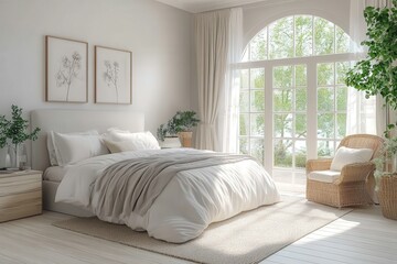 Bright and Cozy Modern Bedroom Interior with Elegant Decor and Large Windows Overlooking a Serene Natural Landscape