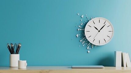 A clock breaking into parts, each section representing work tasks and leisure, visually emphasizing balance in managing professional and personal life.