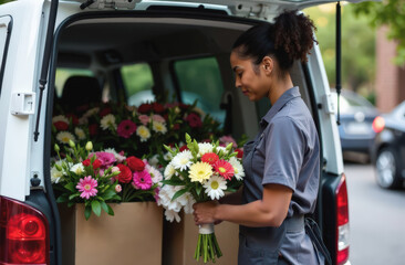 Hispanic female florist organizing colorful flower arrangements in delivery van