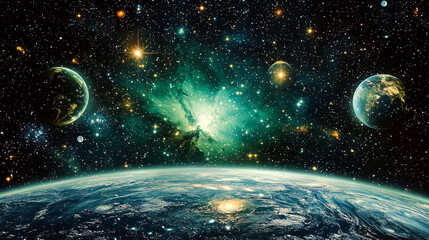 Obraz premium Cosmic Wonders: A breathtaking journey through the universe, showcasing nebulae, galaxies, and planets in a vibrant display of celestial beauty.