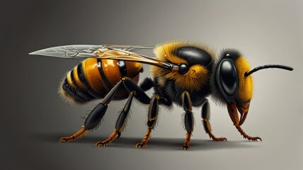 Detailed close-up of a honeybee, showcasing its hairy body, wings, and legs against a neutral background.
