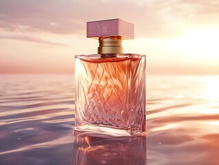 a perfume bottle with the sunset in the background. The whole scene is reflected on the water surface, and the pink and orange colors of the lipstick reflect the warm light of the setting sun.