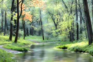 Obraz premium Serene morning mist in a lush green forest with a tranquil stream and winding path, ideal for peaceful nature scenes or travel brochures