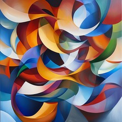 Obraz premium Abstract painting featuring vibrant swirling colors and dynamic forms. A captivating blend of blue, orange, and red hues creating a sense of movement and energy.