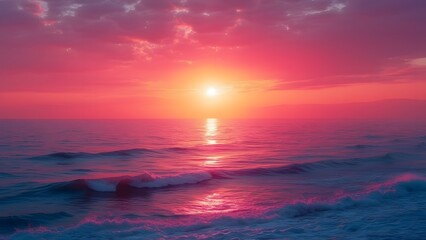 Obraz premium Vibrant Pink Sunset Over Ocean, Peaceful Seascape with Waves and Colorful Sky