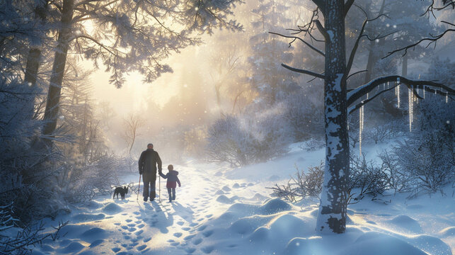 A family hikes through a snow-draped forest, leaving a trail of bootprints behind as they marvel at the icicles hanging from tree branches and the serene, snowy silence.