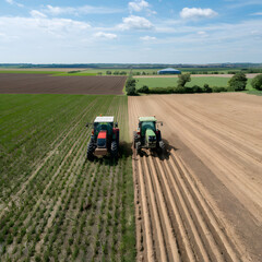 Two tractors work on divided fields under clear, sunny sky, symbolizing agriculture For Social Media Post Size