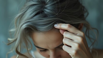 Naklejka premium Close-up of Woman's Hands Gently Touching Gray Hair, Serene and Contemplative Mood, Soft Diffused Light, Muted Color Palette, Introspective Moment, Detailed Hair Texture