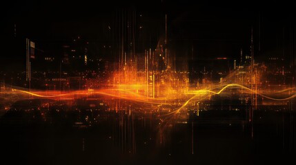 Fototapeta premium Abstract fiery cityscape at night with energy waves.